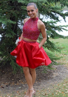 Stylish Two Piece High Neck Short Red Prom Dress Beading with Pockets