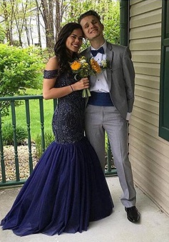 Mermaid Jewel Short Sleeves Navy Blue Prom Dress with Beading