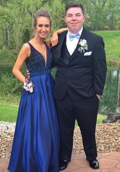 A-Line V-Neck Floor-Length Royal Blue Prom Dress with Beading