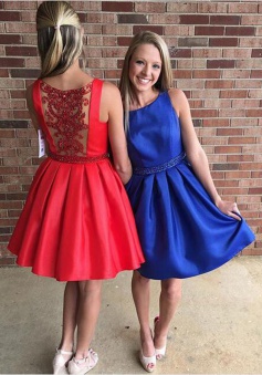 A-Line Bateau Sleeveless Short Red/Royal Blue Prom Dress with Beading