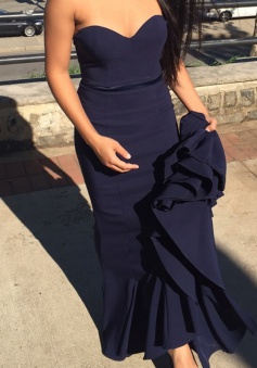 Mermaid Sweetheart Sweep Train Navy Blue  Prom Dress with Sash 