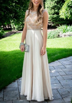 A-Line Bateau Sleeveless Floor-Length Light Champagne Chiffon Prom Dress with Beading