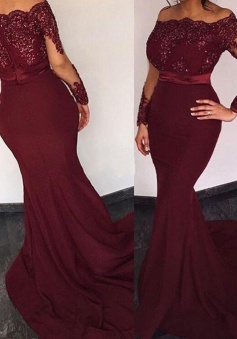 Mermaid Off-the-Shoulder Long Sleeves Sweep Train Burgundy Prom Dress with Beading