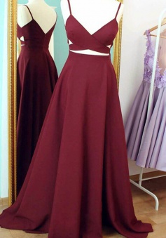 A-Line V-Neck Sleeveless Floor-Length Burgundy  Prom Dress with Ruched