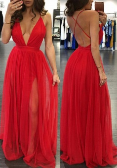 A-Line Deep V-neck Floor-Length Backless Red Prom Dress with Ruched