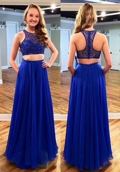 Two Piece Jewel Sleeveless Floor-Length Royal Blue Chiffon Prom Dress with  Beading