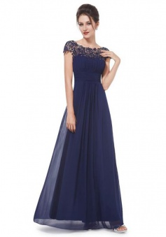 A-Line Bateau Cap Sleeves Floor-Length Navy Blue Chiffon Prom Dress with Lace