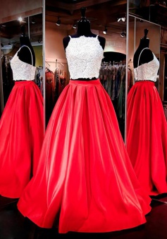 Two Piece Square Neck Floor-Length Ruched Red Prom Dress with Beading Pockets