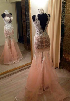 Mermaid High Neck Sweep Train Peach Organza Prom Dress with Lace