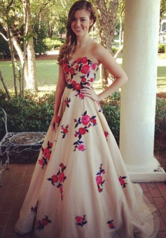 A-Line Sweetheart Sweep Train Champagne Prom Dress with Embroidery