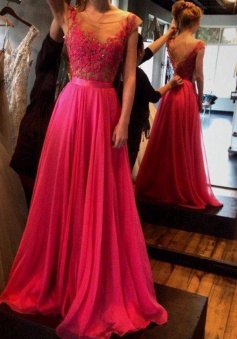 A-Line Bateau Cap Sleeves Floor-Length Backless Pink Prom Dress with Appliques