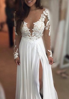 A-Line Crew Long Sleeves Floor-Length White Chiffon Prom Dress with Appliques