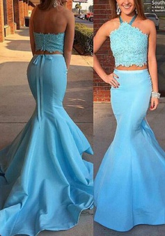 Mermaid Halter Sweep Train Blue Satin Prom Dress with Lace Top 