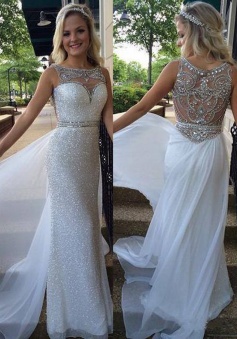 Sheath Bateau Sleeveless White Sequined Prom Dress with Beading