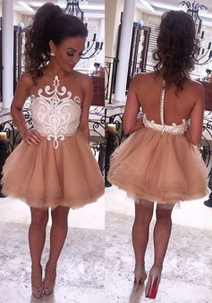 A-Line Jewel Sleeveless Short Champagne Prom Dress with White Lace