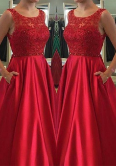 A-Line Jewel Sleeveless Open Back Red Satin Prom Dress with Beading Pockets