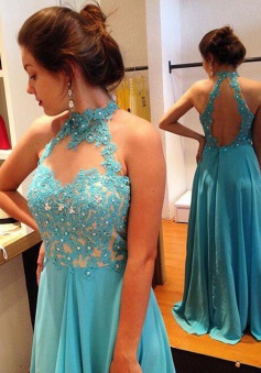 A-Line Halter Floor-Length Open Back Blue Chiffon Prom Dress with Beading