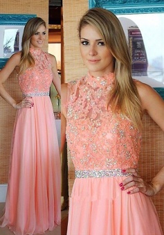 A-Line High Neck Sleeveless Floor-Length Peach Chiffon Prom Dress with Beading