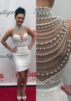 Sheath High Neck Short White Sequined Prom Dress with Lace Beading