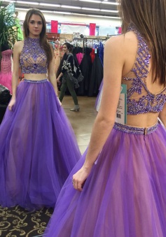 Two Piece High Neck Floor-Length Open Back Lavender Prom Dress with Beading 