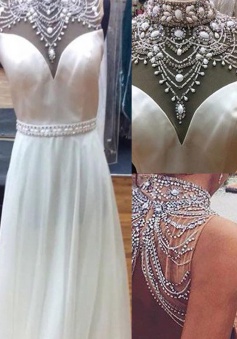 A-Line High Neck Sleeveless Floor-Length White Chiffon Prom Dress with Beading