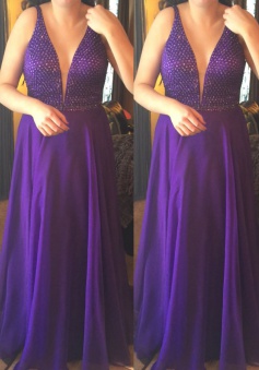 A-Line Deep V-Neck Floor-Length Purple Chiffon Prom Dress with Beading