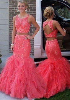 Two Piece Jewel Sleeveless Tiered Train Coral Prom Dress with Beading 