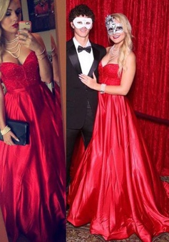 A-Line Sweetheart Sweep Train Red Elastic Satin Prom Dress with Beading