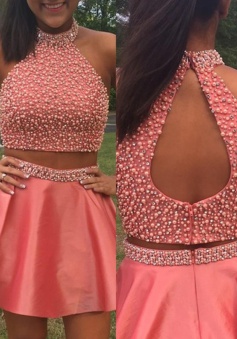 Trendy Two Piece Halter Short Coral Prom Dress with Beading Open Back
