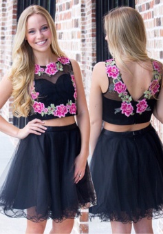 Crispy 2 Piece Jewel Sleeveless Short Black Prom Dress with Appliques