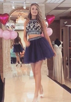 Trendy Two Piece Round Neck Short Navy Prom Dress with Beading