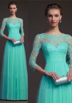 New Arrival Scalloped-Edge 3/4 Sleeves Turquoise Floor-Length Prom Dress with Lace Top Ruched