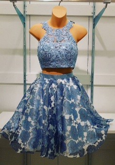 Chic Two Piece Jewel Sleeveless Short Blue Organza Prom Dress with Printed Flowers