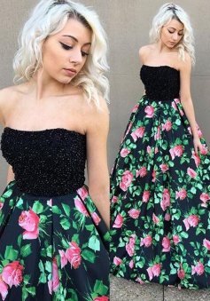 A-Line Strapless Floor-Length Black Satin Prom Dress with Beading Printed Flowers