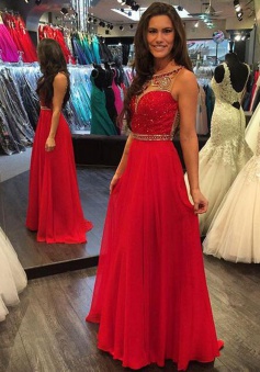 A-Line Bateau Sleeveless Floor-Length Red Chiffon Prom Dress with Beading