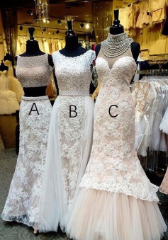 Two Piece Bateau Floor-Length White Lace Prom Dress with Beading