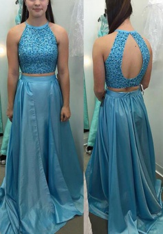 Two Piece Jewel Sweep Train Open Back Blue Taffeta Prom Dress with Beading