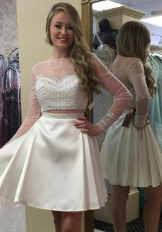 Two Piece Bateau Long Sleeves Short White Satin Prom Dress with Beading