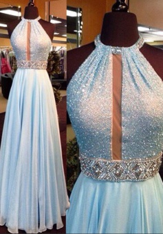 A-Line Jewel Sleeveless Light Blue Chiffon Prom Dress with Beading Sequins