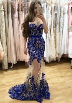 Mermaid Sweetheart Floor-Length Royal Blue Tulle Prom Dress with Lace