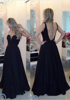 A-Line Jewel sleeveless Floor-Length Black Stretch Satin Prom Dress with Beading