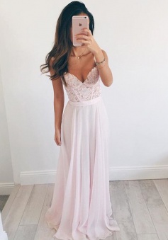 A-Line V-Neck Floor-Length Pearl Pink Chiffon Prom Dress with Appliques Beading