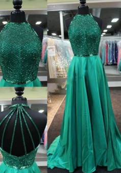 A-Line Jewel Sleeveless Sweep Train Green Stretch Satin Dress with Beading Backless