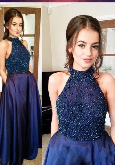 Two Piece Jewel Sleeveless Floor-Length Dark Blue Taffeta Prom Dress with Beading Pocket