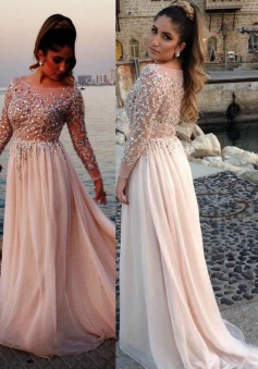 A-Line Bateau Long Sleeves Sweep Train Pearl Pink Prom Dress with Beading