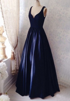 A-Line V-Neck Sleeveless Floor-Length Satin Navy Blue Prom Dress with Ruched