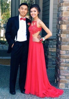 A-Line Jewel Floor-Length Open Back Red Chiffon Prom Dress with Lace Top