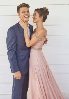 A-Line V-Neck Floor-Length Blush Chiffon Prom Bridesmaid Dress with Beading