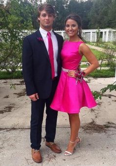 Simple Bateau Sleeveless Short Fuchsia Prom Dress with Beading Waist