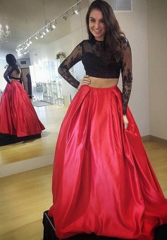 Two Piece Jewel Floor-Length Long Sleeves Backless Red Satin Prom Dress with Lace Top 